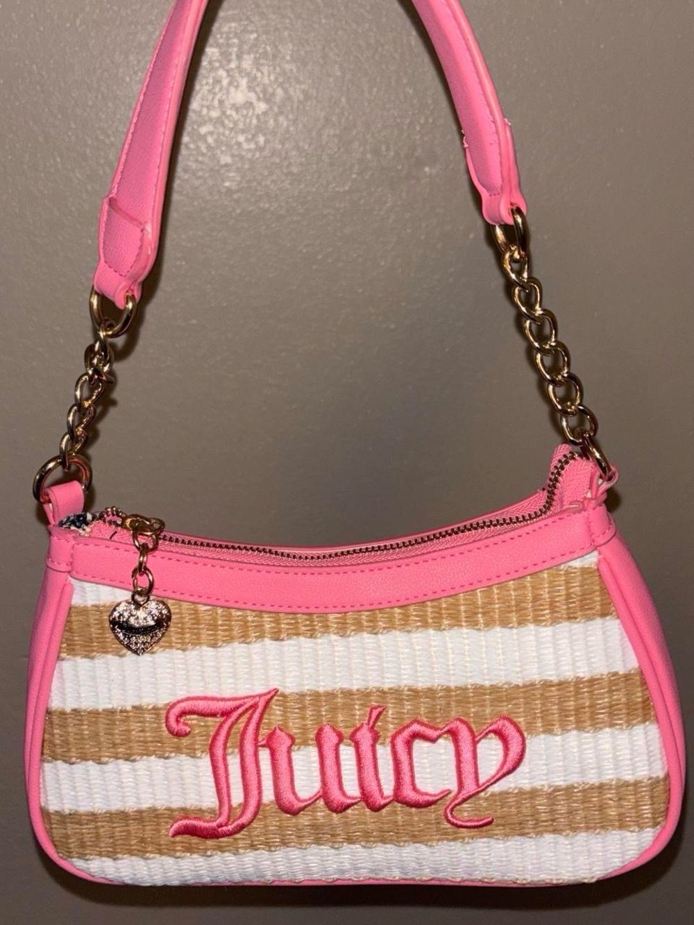 Juicy Couture Pink Trim Striped Mini Shoulder Bag with Heart Charm
